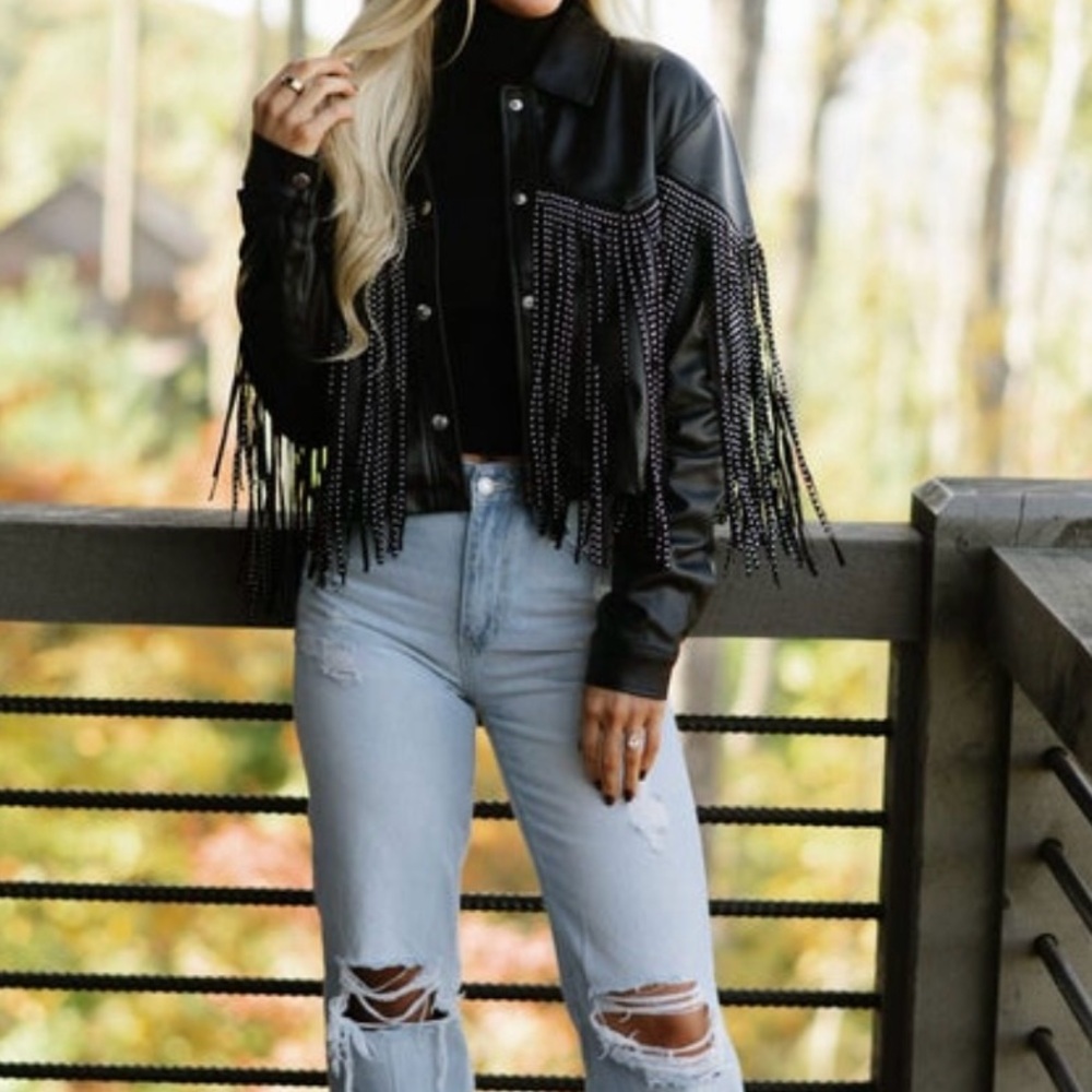 Fringe studded leather jacket size small NWT